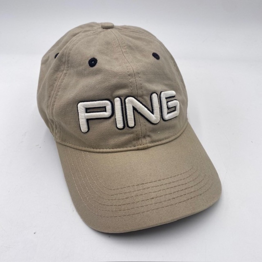 PING Golf Adjustable Strapback HAT Mens OSFA Tan Khaki Cotton Embroidered Logo